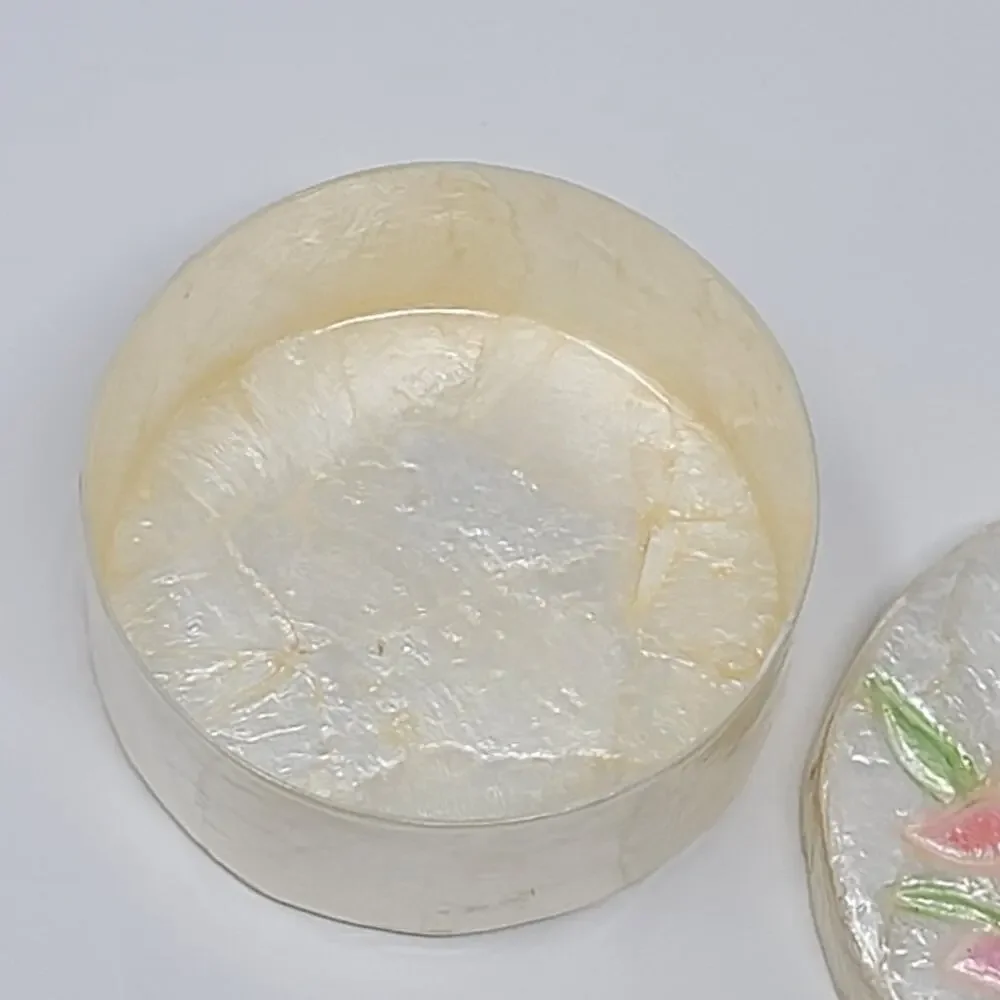 Vintage Capiz Shell Trinket Box Tray Floral Orchid Inlay Scalloped Edge SM CHIP